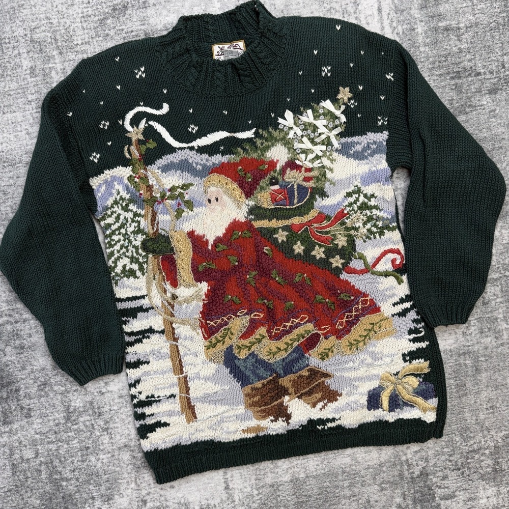 VTG Heirloom Collectibles Christmas Sweater Small Santa Tapestry Embroidered 90s